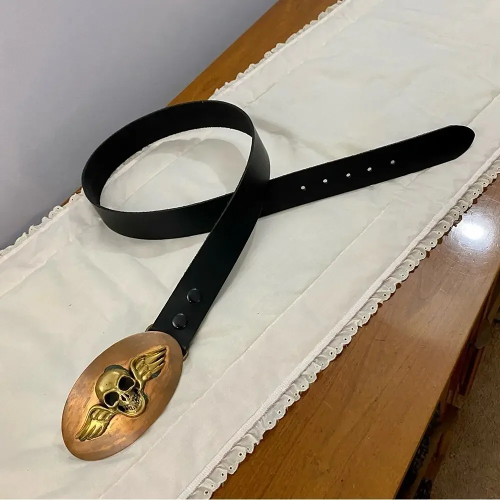 Chosen by King Baby Flying Skull Wing Biker Copper Brass Buckle‎ Belt Mens Sz 38